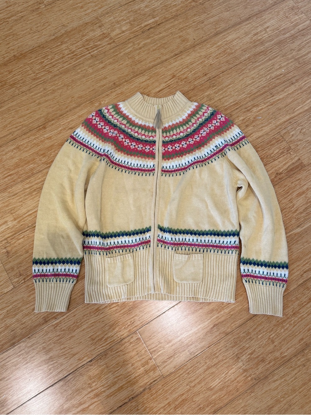 Vintage Tiara International butter yellow fair isle zip up cardigan sweater